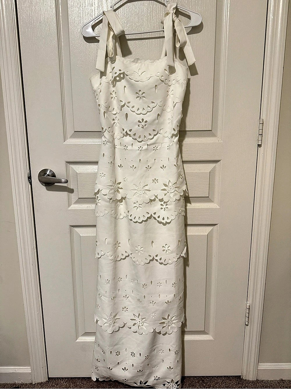 Floral Eyelet Tie-Strap Maxi Dress in White